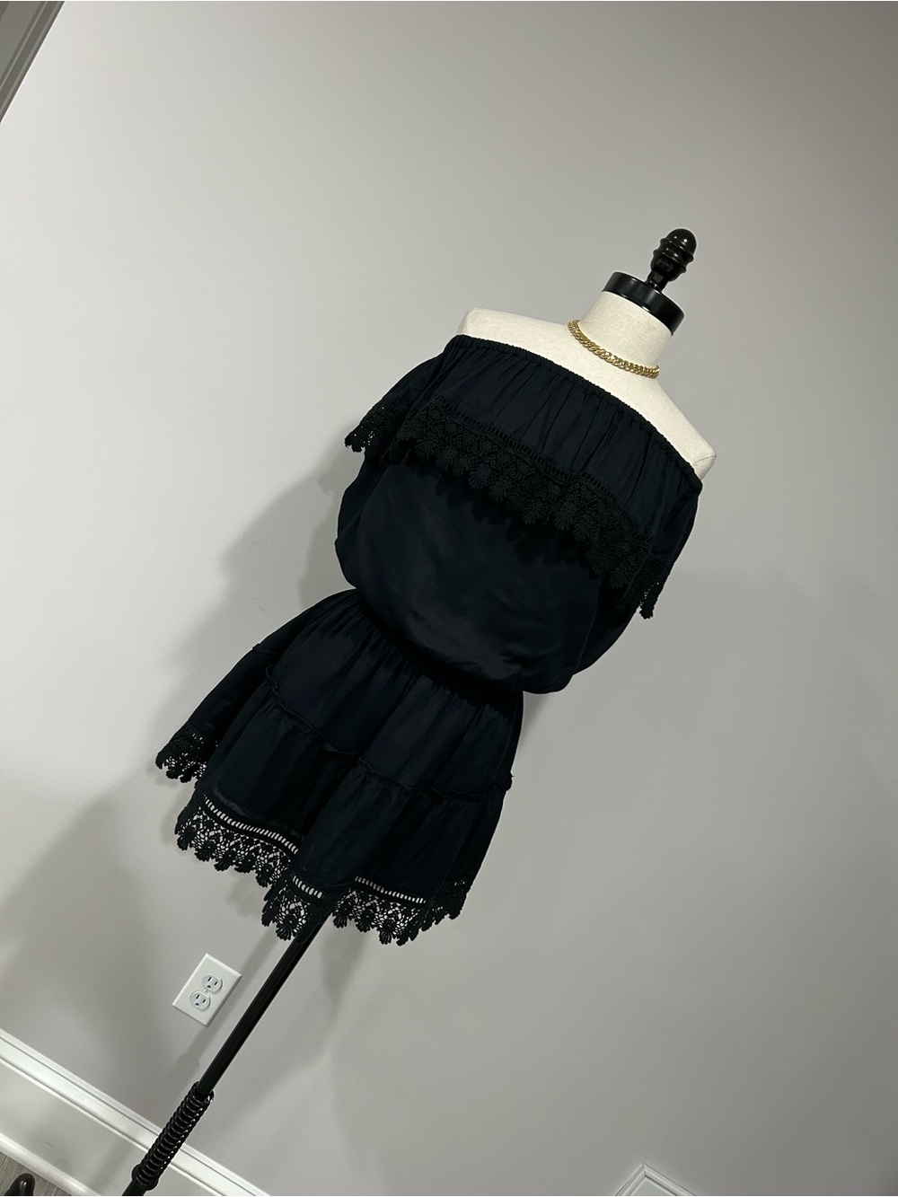 Melissa Odabash Black Off-Shoulder Lace-Trim Mini Dress